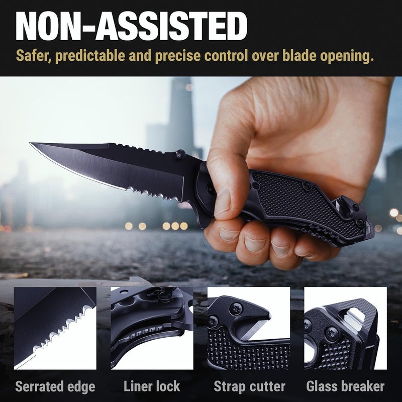 GOOD WORKER Legal Pocket Knife with 2.95” Serrated Blade, Glass Breaker, Seat Belt Cutter - EDC Sharp Folding Knives with Portable Clip - Small Tool for Tactical Camping Survival Hiking - Gifts for Men, Women - Image 4